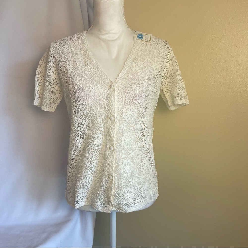 Vintage Ivory Hand Crochet Lace Cardigan Cotton Open Knit Boho Cottagecore XL